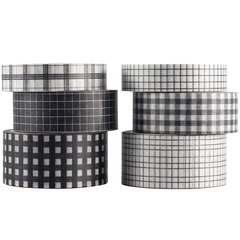 6 Roll Washi Tape Set VSCO Decorative Tape for DIY Crafts, Journals, Planners, Scrapbooking, Wrapping (Black)