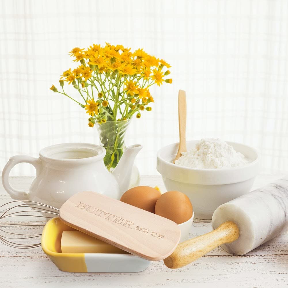 Laser Etched Vivid Beechwood & Stoneware Butter Dish with Lid Butter Me Up Solid Wooden Lid Butter Holder Fun & Functional Kitchen Supplies