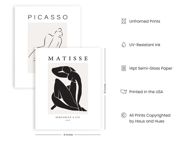 Haus and Hues Henri Matisse Posters and Picasso Wall Art,Set of 6 Matisse Prints and Picasso Posters,Henri Matisse Prints Art Exhibition Posters Famous Painting,UNFRAMED 8x10 (With Artists Logo)