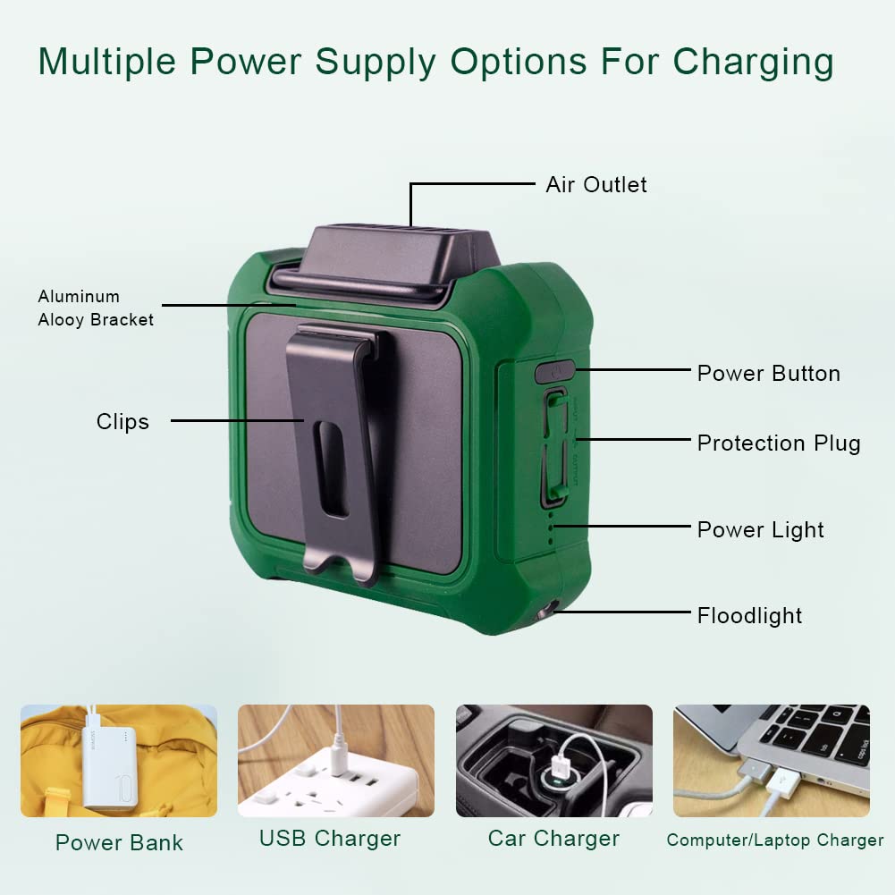 Portable Waist Fan, Mini Necklace Fan, 6000mAh Battery Operated Belt Fan, Can Use as Flashlight &amp; Power Bank, Rechargeable Personal Wearable Fan for Outdoor Working Camping Trip