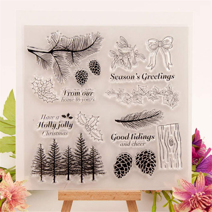 Winter Trees Branch Leaves Pine Cones Bow Clear Rubber Stamps for Card Making and Scrapbooking Christmas Wishes Words Silicone Stamps (T1641)