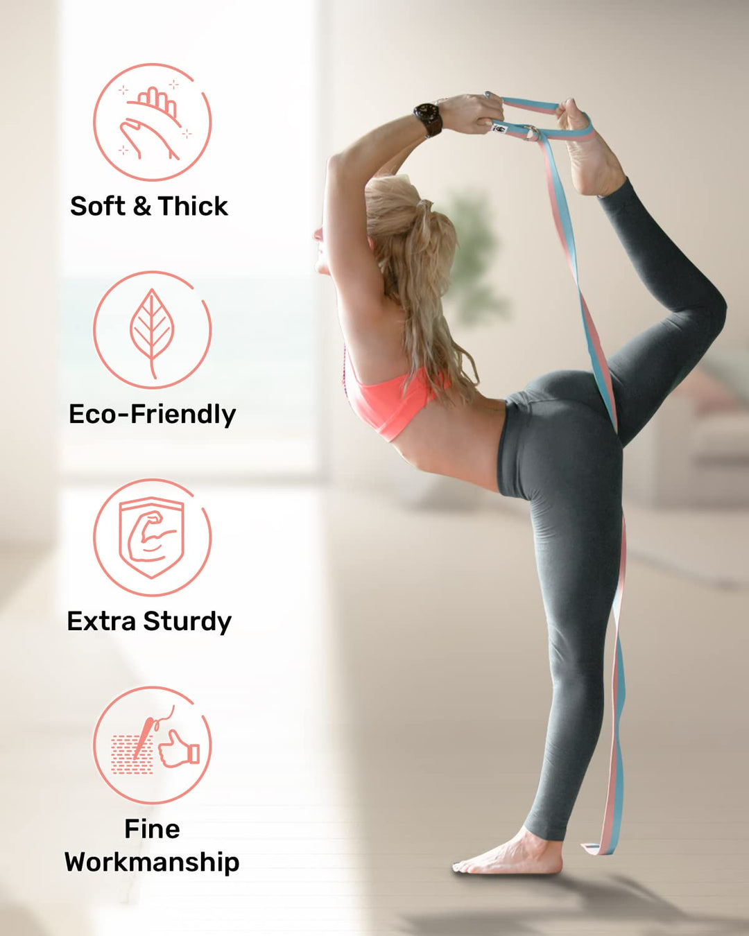 Yoga Strap/Stretch Bands [15+ Colors, 6/8/10 Feet Options] with Extra Safe Adjustable D-Ring Buckle, Durable and Comfy Delicate Texture - Best for Daily Stretching, Physical Therapy, Fitness