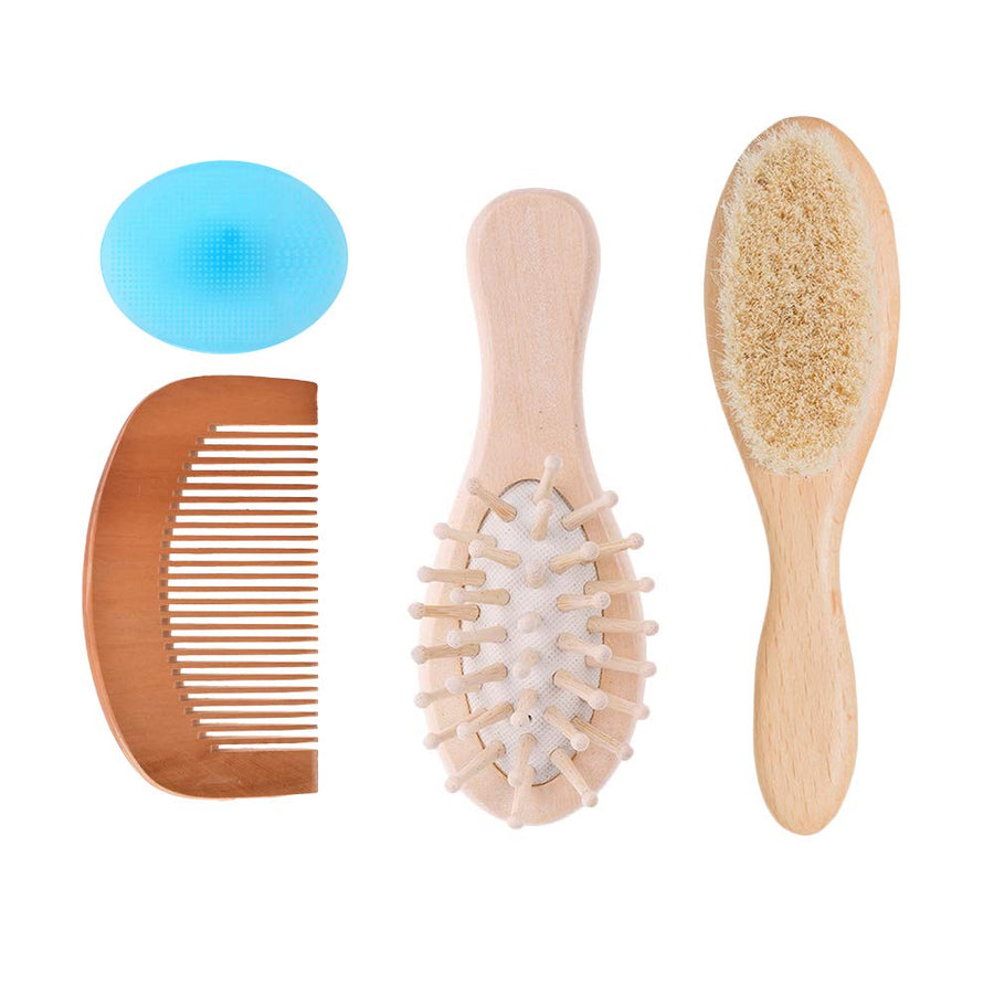 4 Piece Baby Hair Brush Set, Natural Soft Goat Bristles, Prevents & Treats Cradle Cap, Wooden Comb, Baby Brush for Massage, Perfect Baby Registry Gift