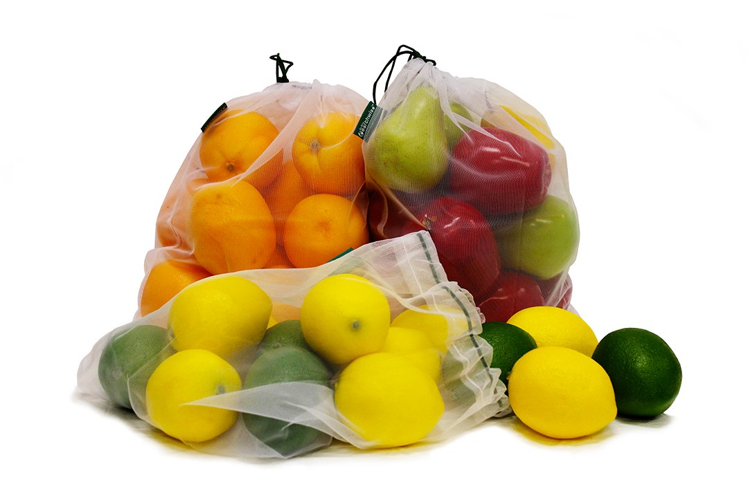 Reusable Mesh Produce Bags - Washable Set of 9 Premium Bags, TRANSPARENT Lightweight, Strong SEE-THROUGH Mesh for shopping, transporting and storing fruits and veggies.