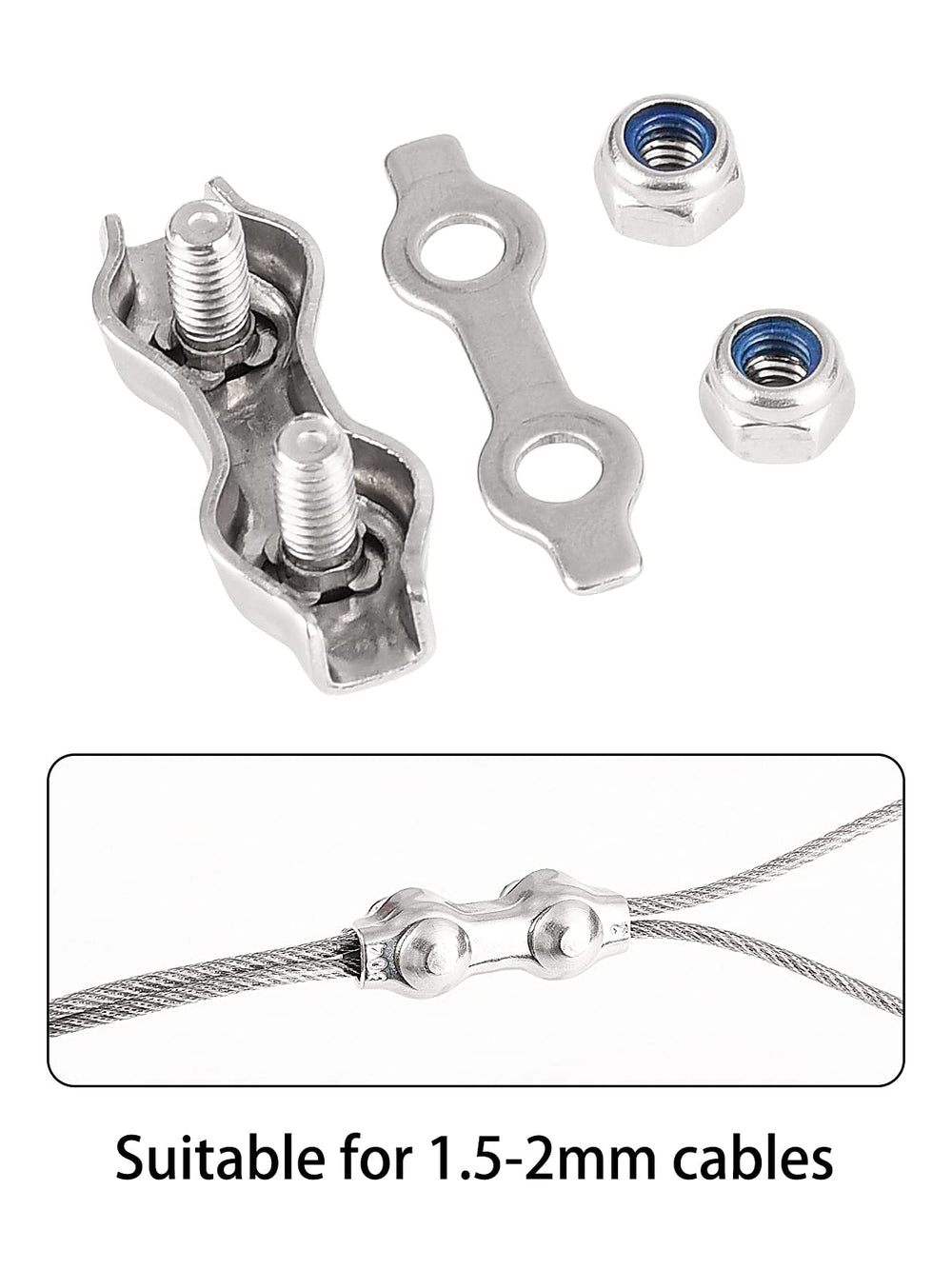 1/16 Wire Rope Clips Cable Clamp with Spanner,24pcs M2 Stainless Steel Wire Rope Clamps with Anti-Loosening Lock Nuts,U Bolt Cable Fastener for 1/16 Cable Wire Rope Securing