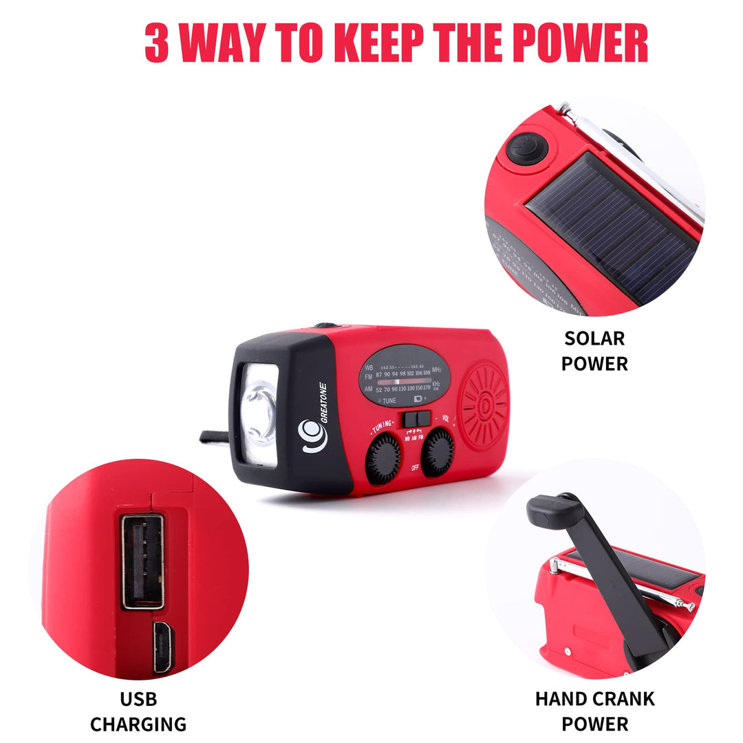 Weather Radio Emergency Hand Crank Self Powered AM/FM NOAA Solar Portable Camping Weather Radio with LED Flashlight,2000mah Portable Charge for Phone Survival Pack 071 (red)