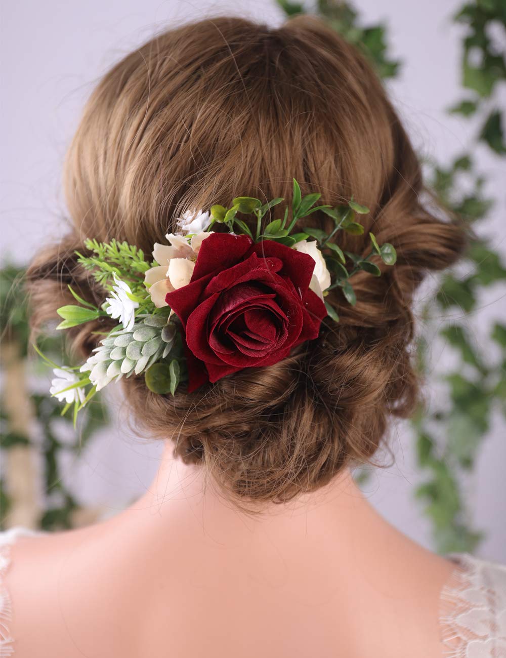 Bridal Flower Hair Comb Burgundy Dark Red Rose Cream Daisy Eucalyptus Greenery Headpiece for Rustic Wedding Photo Shoot Prom Party Festival