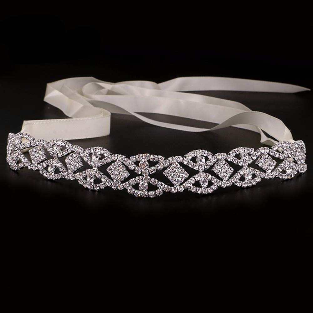 Handmade Hair Piece Bridal Ribbon Headband Crystal Vine Headwear Rhinestone Wedding Hair Accessories for Brides (S683-Silver)