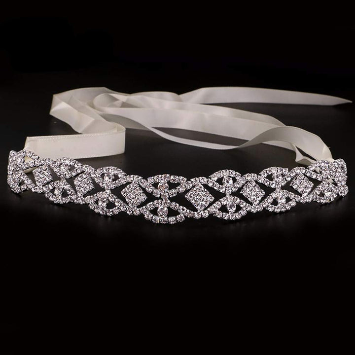 Handmade Hair Piece Bridal Ribbon Headband Crystal Vine Headwear Rhinestone Wedding Hair Accessories for Brides (S683-Silver)