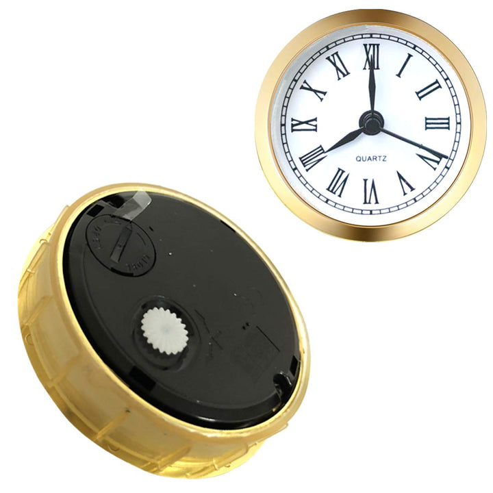 Mini Clock Insert 2.4 Inch (61 mm) Round Quartz Clock Fit-up Movement Miniature Clock White Dial Gold Tone Bezel Roman Numerals (Gold)