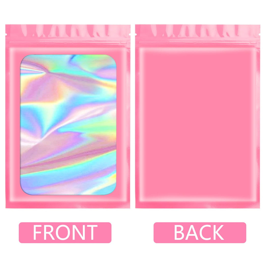 100 pcs Pink Smell Proof Mylar Holographic Bags Packaging Bags,Clear Resealable Odor Proof Bags Foil Pouch Bags for Food Storage, Lipgloss,Jewelry,Eyelash Packaging for Small Business(3.9x7.1Inch)
