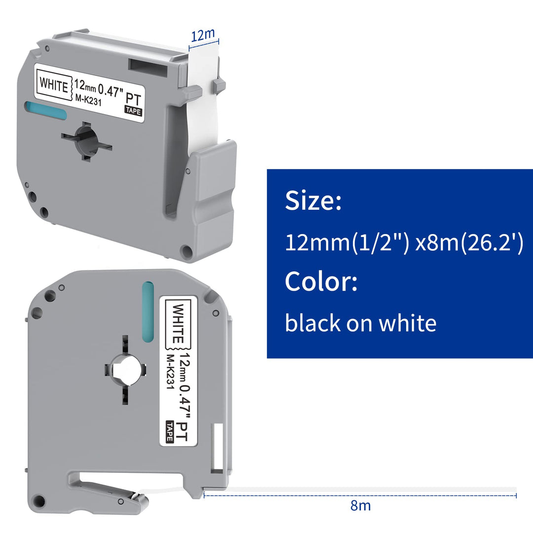 4 X Label Tape Replacement for Brother Label Maker Tape M-K231, Compatible with Brother M Tape, M-k231s Tape 12mm 0.47 White for PT-M95 PT-90 PT-70 PT-65 PT-85 45 Label Maker