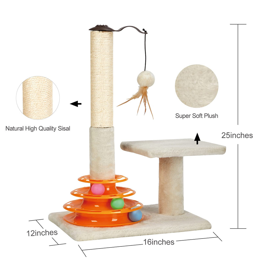 Cat Scratching Post Kitten Sisal Scratcher Tree with Tracks Toy Balls for Indoor Cats and Kittens - 25 inches