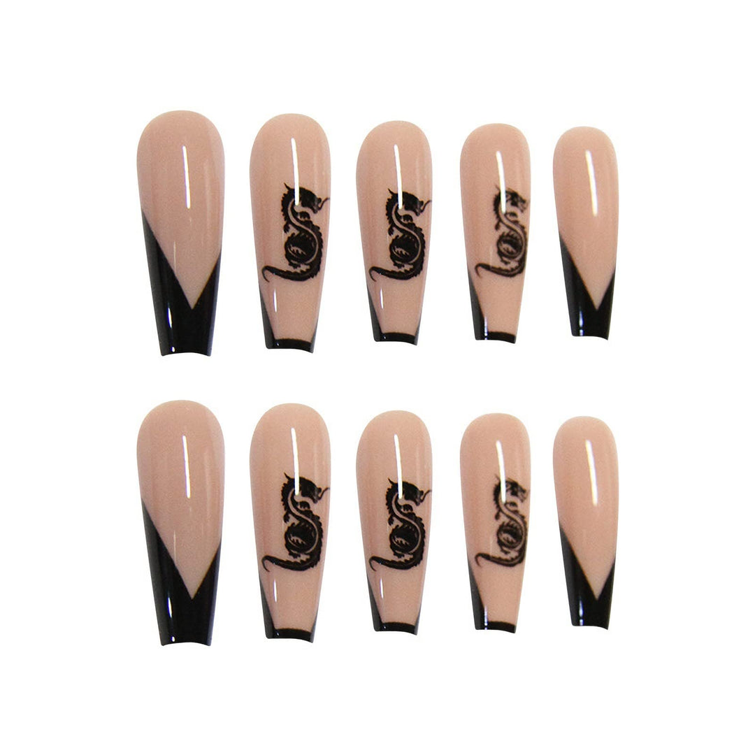 Coffin Press on Nails Long French Nails Glossy Ballerina Black Fake Nails False Nails with Designs Dragon Pattern Acrylic Nails for Women and Girls