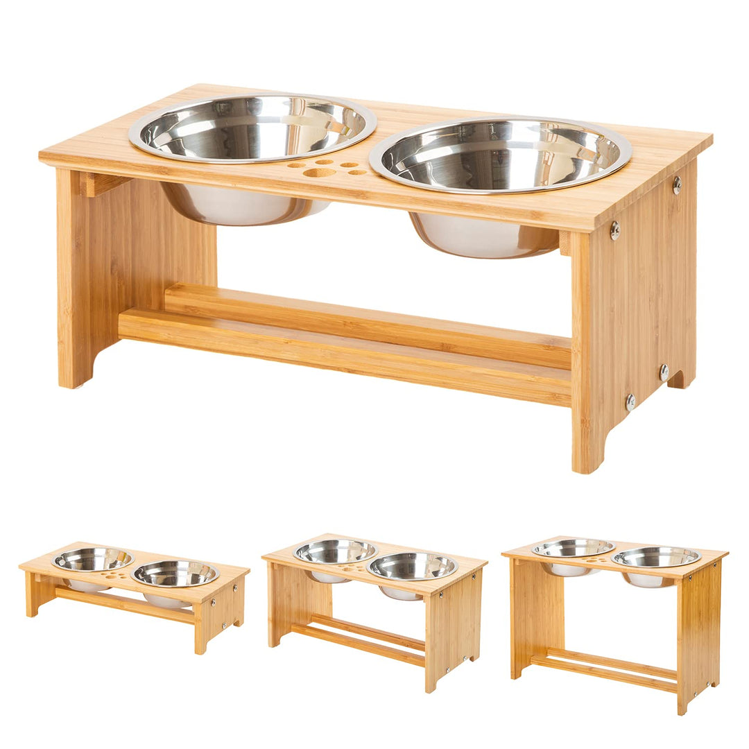 FOREYY Raised Pet Bowls for Small and Medium Dogs, Bamboo Elevated Dog Cat Food and Water Bowls Stand Feeder with 2 Stainless Steel Bowls and Anti Slip Feet (New 7&#39;&#39; Tall)