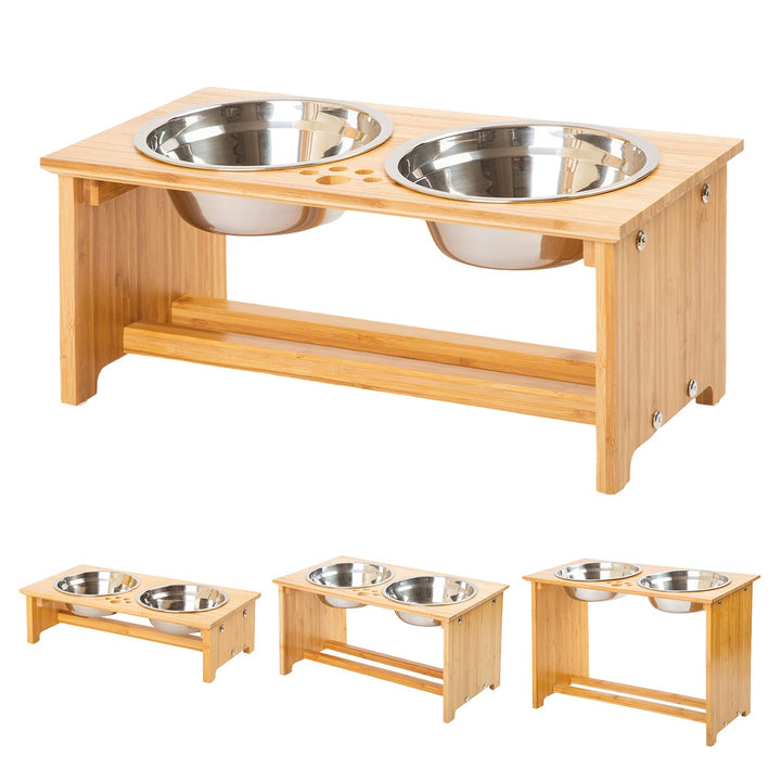 FOREYY Raised Pet Bowls for Small and Medium Dogs, Bamboo Elevated Dog Cat Food and Water Bowls Stand Feeder with 2 Stainless Steel Bowls and Anti Slip Feet (New 7&#39;&#39; Tall)