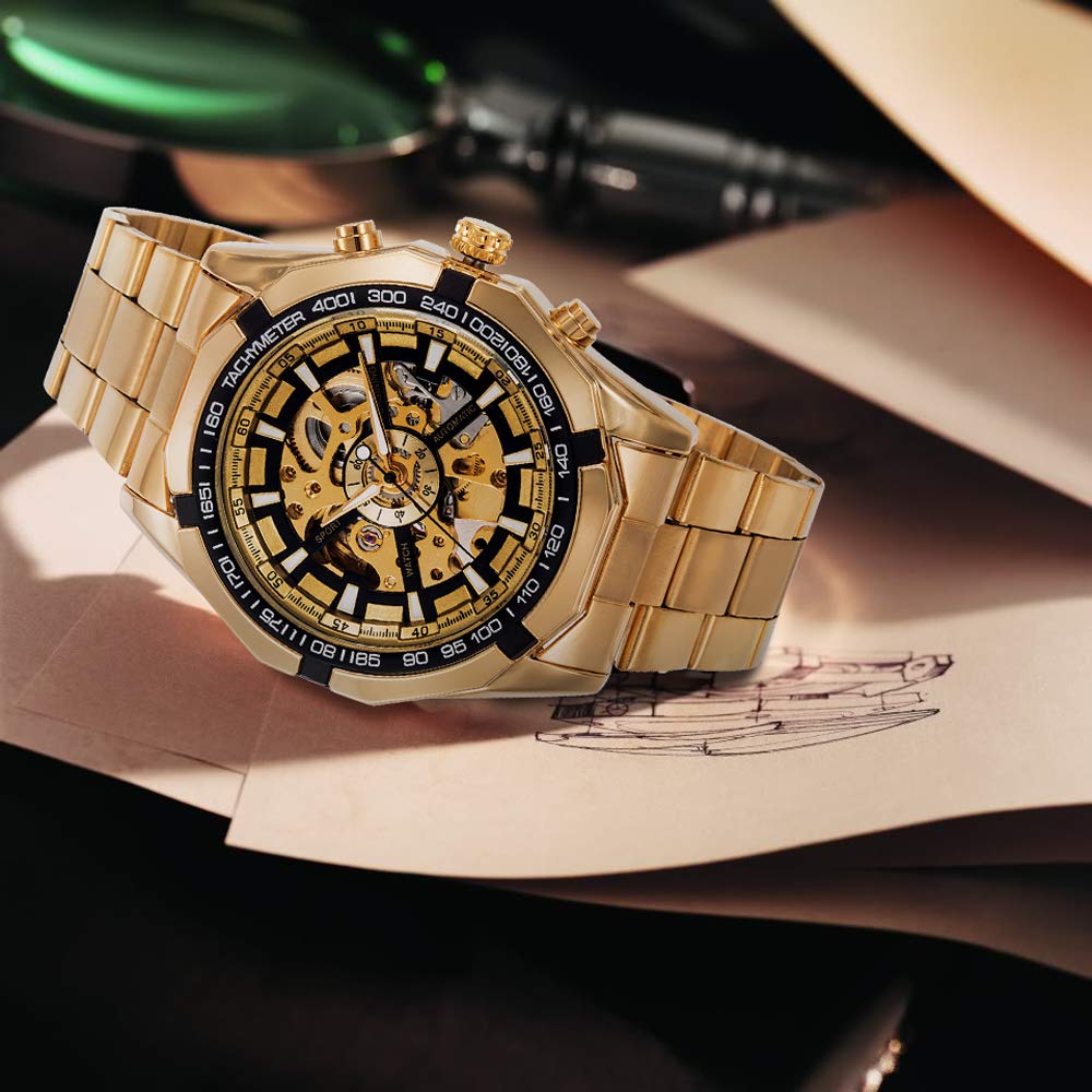 Gute Mens Watches, Mechanical Skeleton Stainless Steel 