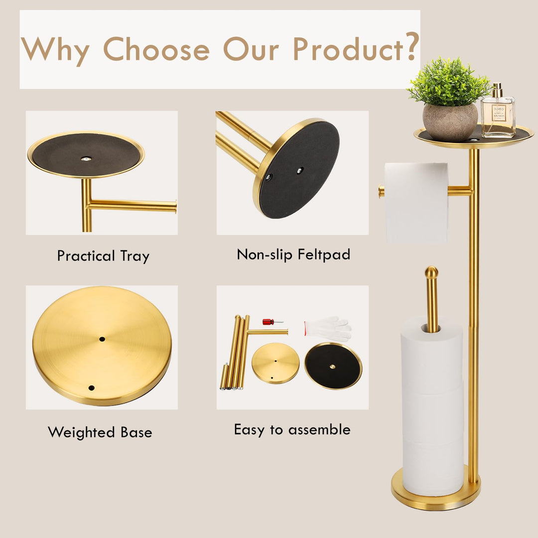 Gold Free Standing Toilet Paper Stand with Reserve, Heavy Marble Base, Freestanding Toilet Paper Roll Stand, Free Standing Toilet Roll Holder, SUS304 Stainless Steel (Gold)