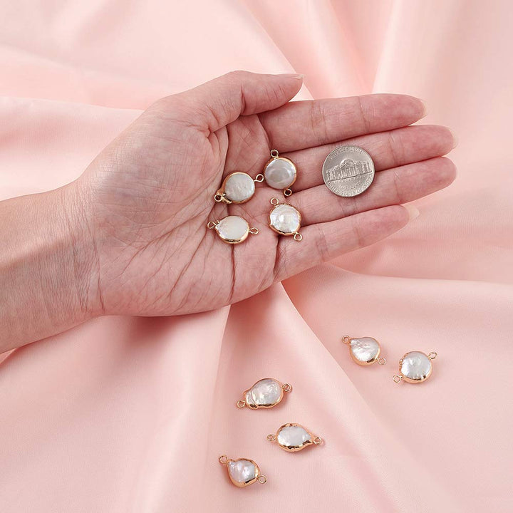 Fashewelry 10Pcs Natural Pearl Pendant Connectors Flat Round Keshi Pearl Charm Links with Gold Edge Wrapped 20x13-15mm for Jewelry Making Hole: 1.5mm