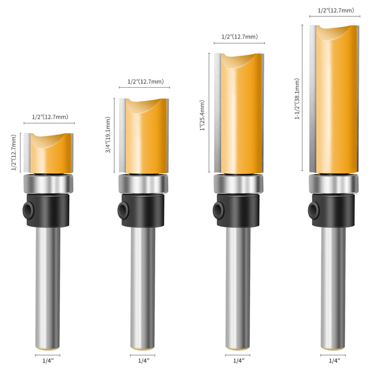 Flush Trim Router Bits Set 1/4 Inch Shank Shank Top Bearing Pattern Router Bit 1/2 Cutting Diameter Carbide Bits for Trim Shelf Edging, Veneer or Laminates