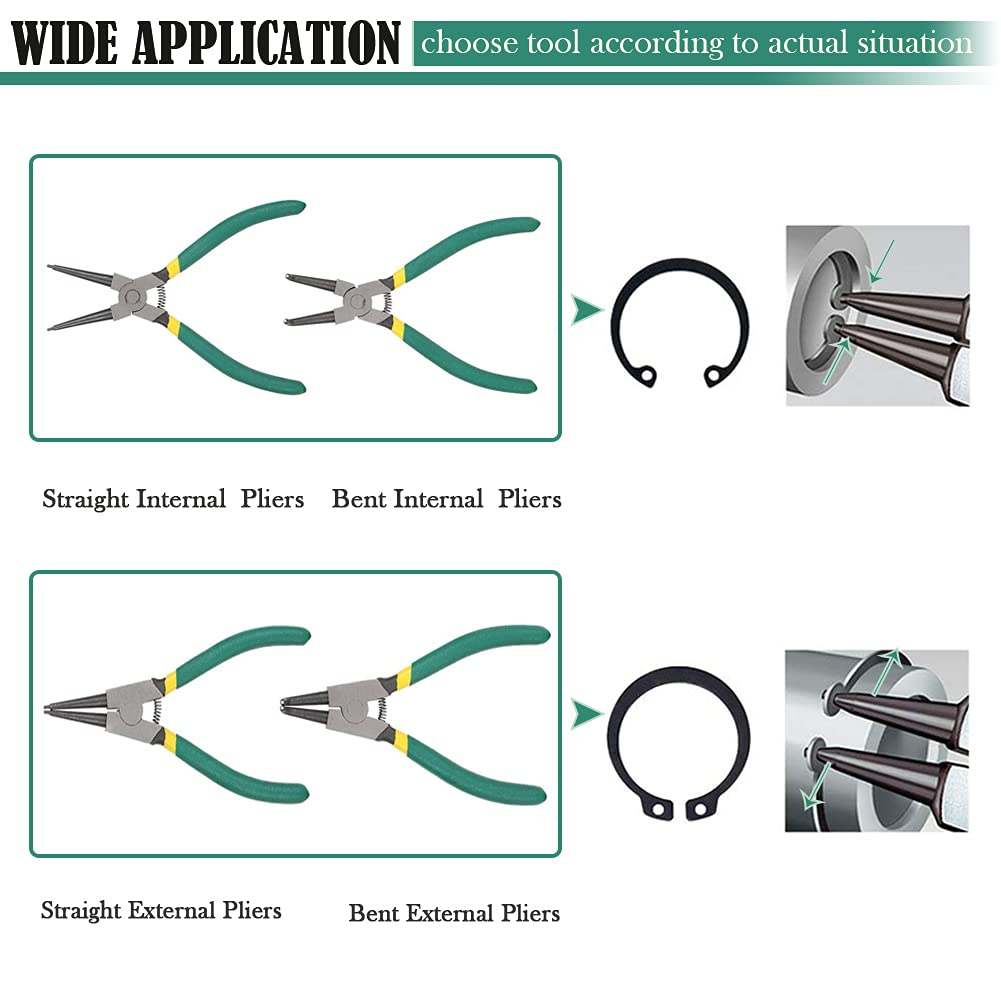 4pcs 7-Inch Snap Ring Pliers Set Heavy Duty Internal/External Circlip Pliers Kit with Straight/Bent Jaw CR-V Steel for Ring Remover Retaining C Clip Pliers with Storage Bag