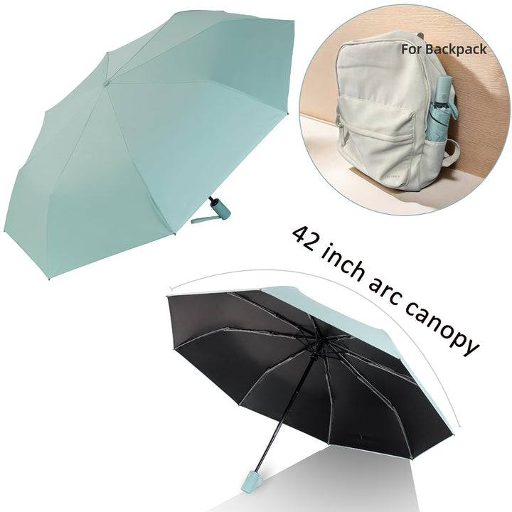 Small Travel Umbrella for Rain and Sun Protection, 42 Inch Arc Canopy, Windproof and Compact
