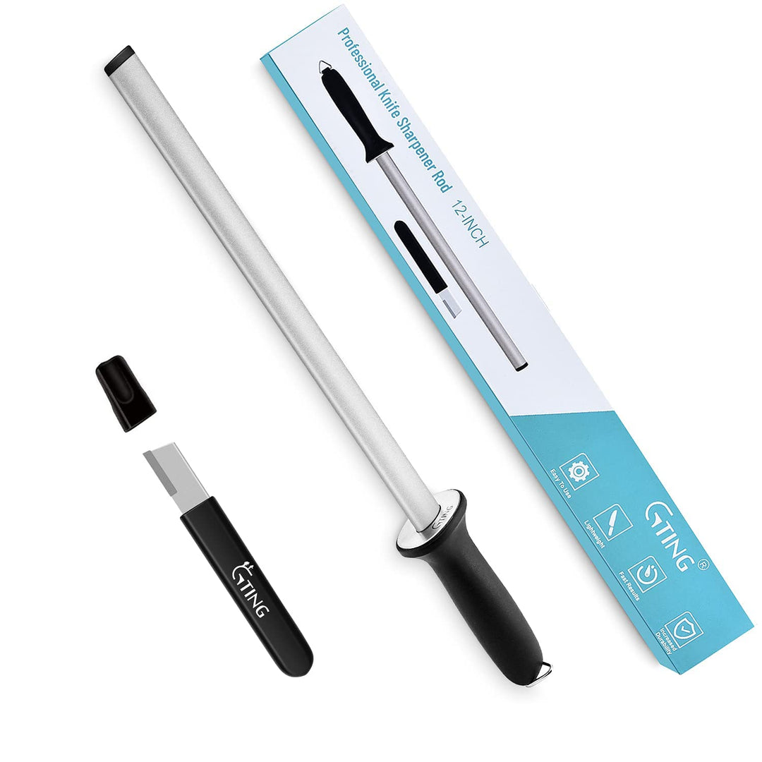 12 Inch Diamond Honing Steel, Professional Knife Sharpener Rod Kitchen Diamond Sharpening Rod Stick Tungsten Carbide Sharpener for Honing Knife Blades, Chef Knives, Pruning Shears, Garden Tools