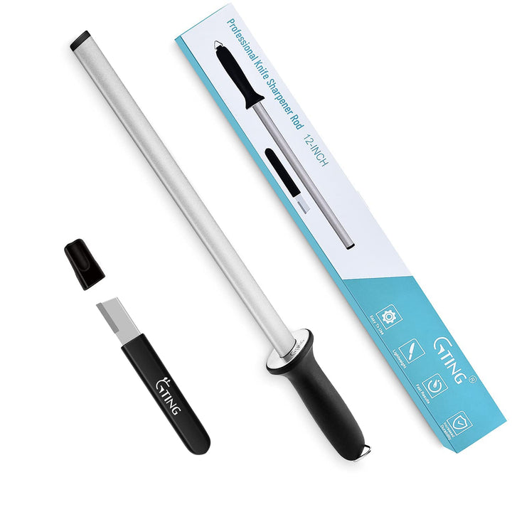 12 Inch Diamond Honing Steel, Professional Knife Sharpener Rod Kitchen Diamond Sharpening Rod Stick Tungsten Carbide Sharpener for Honing Knife Blades, Chef Knives, Pruning Shears, Garden Tools