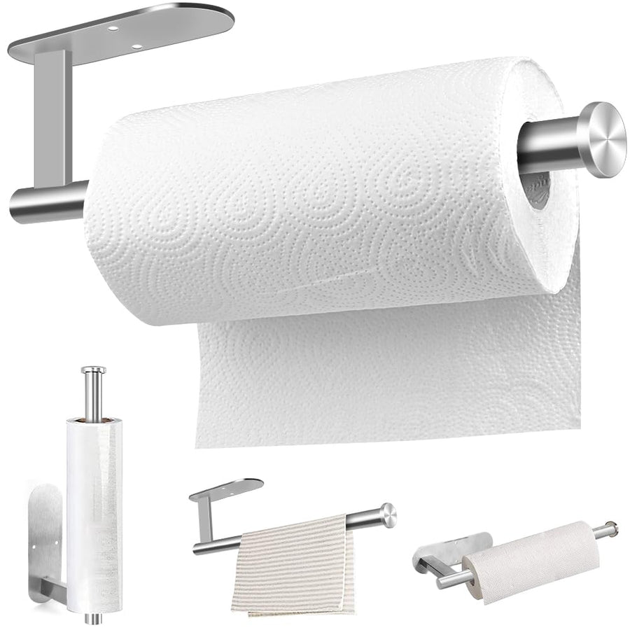 Paper Towel Holder Wall Mount, Self Adhesive Or Drilling Under Cabinet Kitchen, 13.2 inch Stainless Steel Paper Towel Roll Rack, Towel Roll Hanger for Bathroom(Silver, Rectangle)