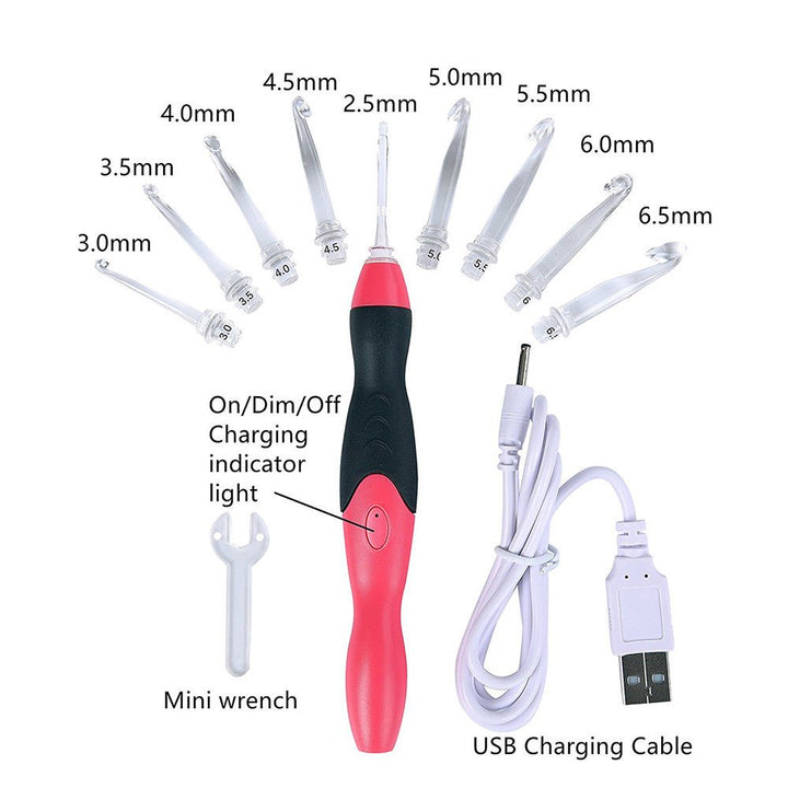 JahyShow 9 in 1 Rechargeable LED Lighted Crochet Hooks Set with Zip Case Light Up Knitting Needles Kit (Interchangeable Heads Size from 2.5mm to 6.5mm)