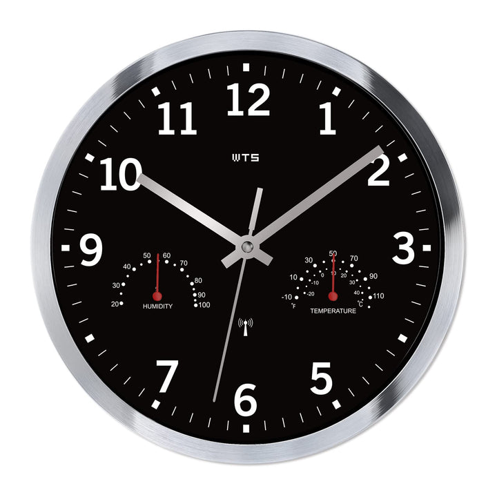 Atomic Wall Clock with Hygrometer and Thermometer Radio Wave Analog Clocks Battery Operated Round Easy to Read for Living Room Bathroom Kitchen Lanai Home Office school Travel Trailer 10&#39;&#39; Silver