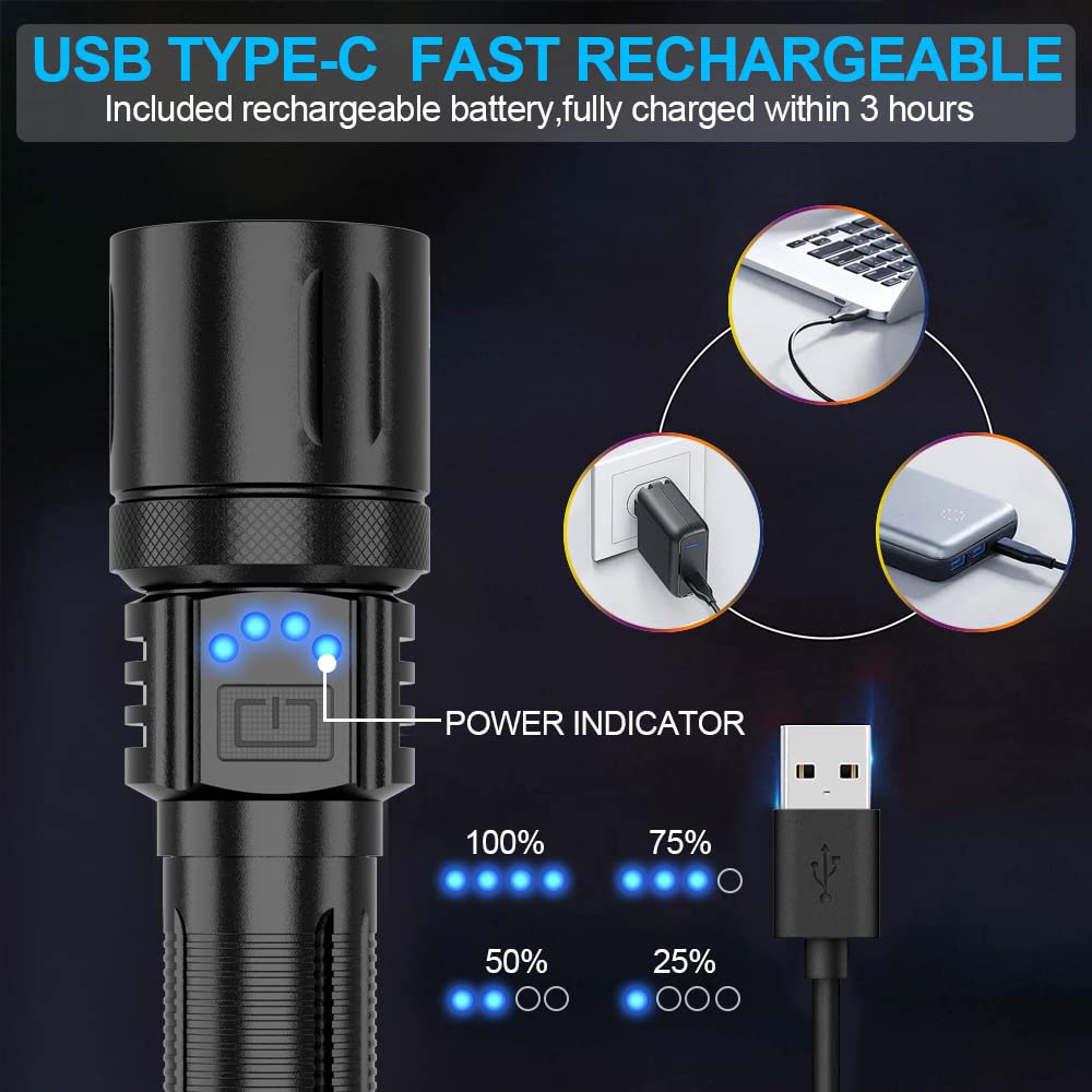 NO Battery Rechargeable Flashlight, 10000 High Lumen Tactical Flashlight, IPX7 Waterproof, Zoomable, 5 Modes Handheld Flashlights for Camping Dog Walking Emergency 2 Pack