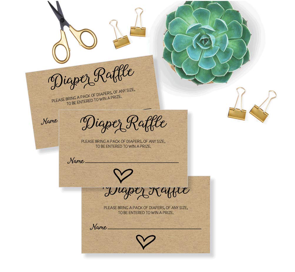 50 Gender Neutral Kraft Baby Shower Diaper Raffle Tickets, Lottery Insert Cards for Heart Baby Shower Invitations Supplies Games for Baby Gender Tickets (50-Cards)