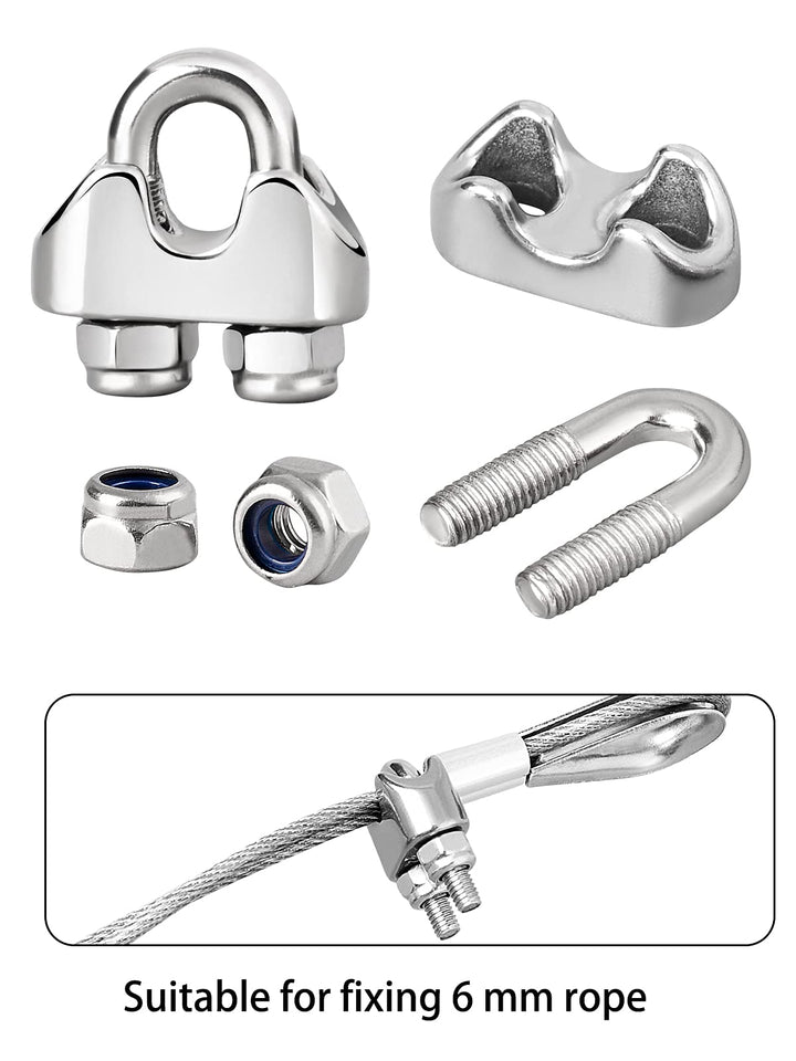 Wire Rope Clip M6 Cable Clamps with Locknut, Stainless Steel U Bolt Saddle Clamp Fasteners with Lock Nuts for Ø 6mm 1/4 Rigging Rope and Tension Cable Garden Wire Ropes 24pcs