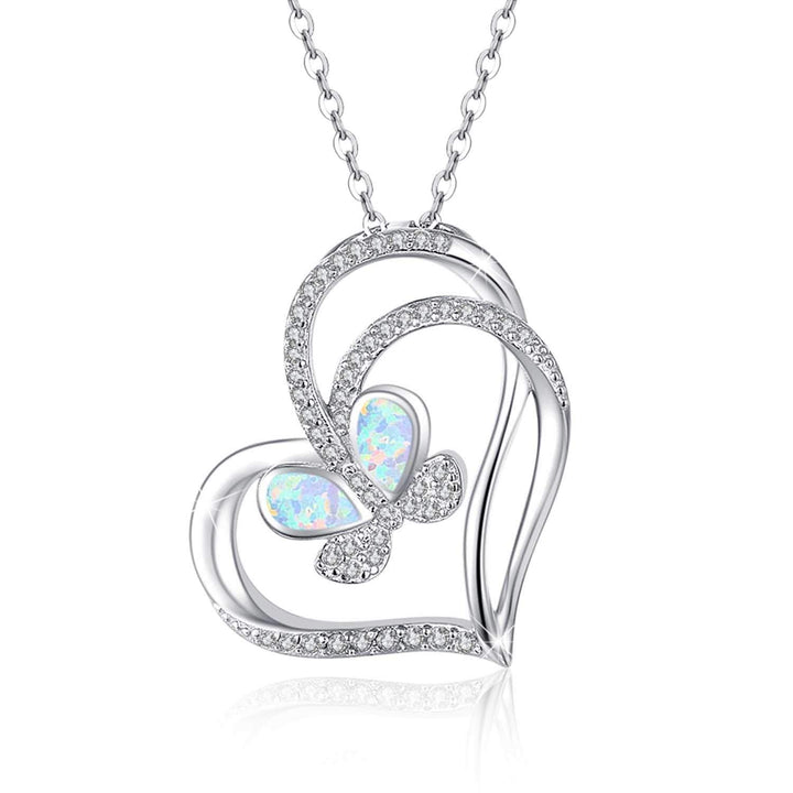 925 Sterling Silver with White Opal Butterfly Necklace, Double Heart with Cubic Zircon Butterfly Jewelry Mother Day Gift for Women Girlfriend Daughter with Gift Box (Opal Butterfly Necklace)