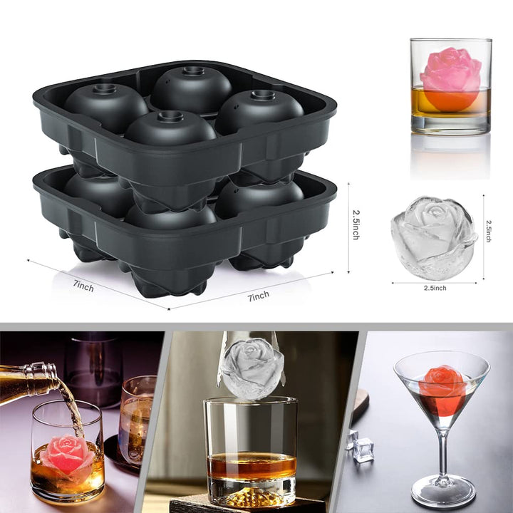 Ice Cube Tray, ROTTAY Rose Ice Cube Maker, Makes Four 2.5inch Rose Shaped Ice Cubes, Easy Release Ice Ball Maker, Novelty Drink Tray For Chilled Drinks, Whiskey &amp; Cocktails, Homemade