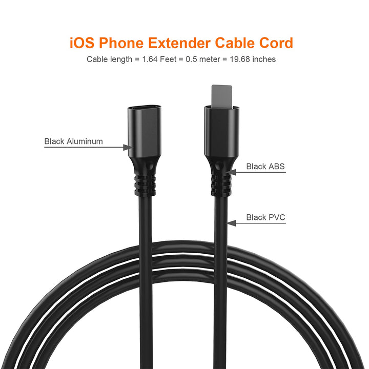 i-OS Extension Cable Adapter Cord Female to Male. 1PCS i-OS Cord Extender for i-OS Phone with Otterbox Defender, Lifeproof Case Made of Black PVC &amp; Aluminum. (1.64 Ft / 0.5 M)