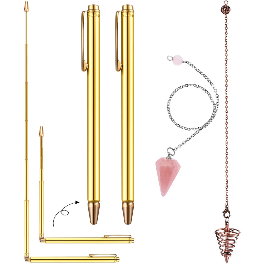 4 Pcs Brass Divining Rods and Dowsing Pendulums Set Include 2 Retractable Paranormal Dowsing Rods with Brass Handle and 2 Dowsing Pendulums for Hunting Treasure, Divining Water, Finding Items