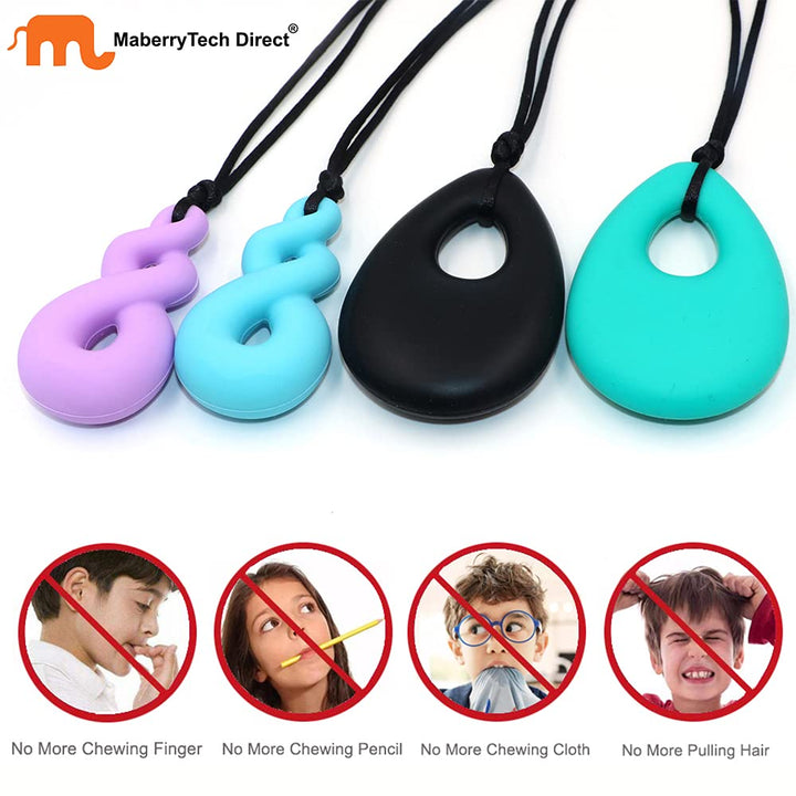 Chew Necklace for Baby Boys and Girls, 4 Pack Silicone Teething Necklace Teardrop Twist.