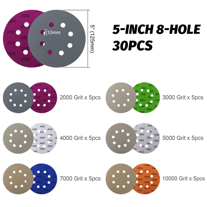 5 Inch Sanding Discs Hook and Loop 8 Hole Heavy Duty Silicon Carbide Sandpaper 2000 3000 4000 5000 7000 10000 Grit with Interface Pad for Wet/Dry Sanding Grinder Polishing,30 Pack