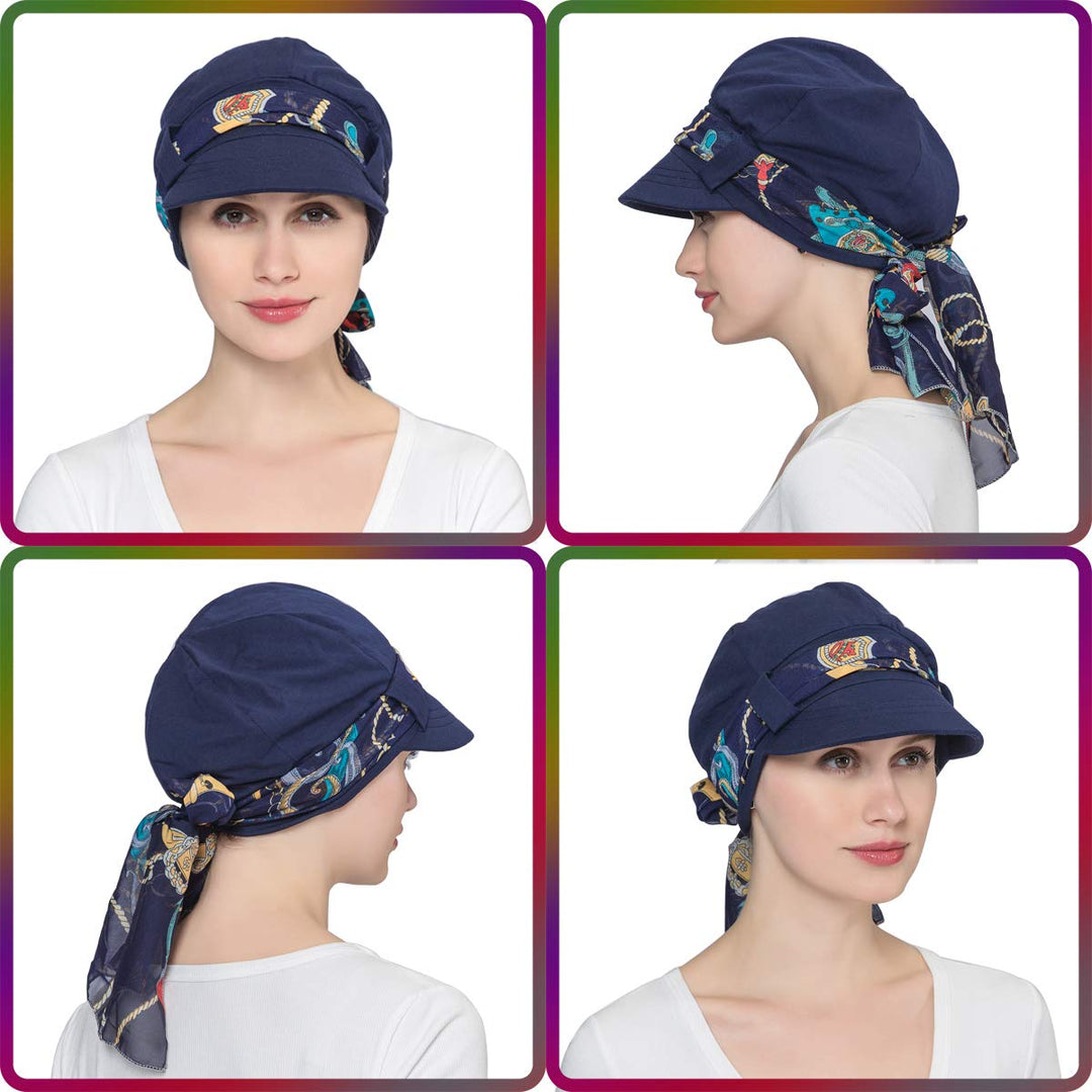 Chemo Hats for Women Bamboo Cotton Lined Newsboy Caps with Scarf Double Loop Headwear for Cancer Hair Loss Navy Blue