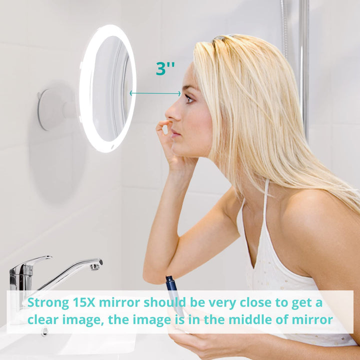 15X Lighted Magnifying Mirror with Lights - 8 Inch Makeup Mirrors with Suction Cups and Magnification for Bathrooom, Dual Power Supply, Adjustable Lighting, Light Up Magnified Mirror