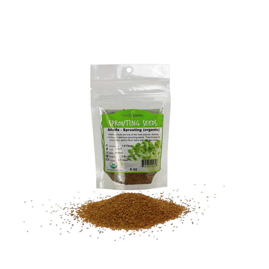 Certified Organic Alfalfa Sprouting Seed - 4 Oz - Brand - High Sprout Germination- Edible Seeds, Gardening, Hydroponics, Growing Salad Sprouts, Planting, Food Storage & More