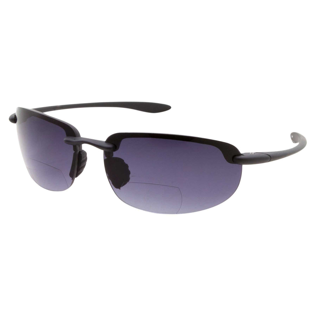 grinderPUNCH Mens Rimless Bifocal Reading Sunglasses Sports Wrap Reader Glasses, Black, +1.50