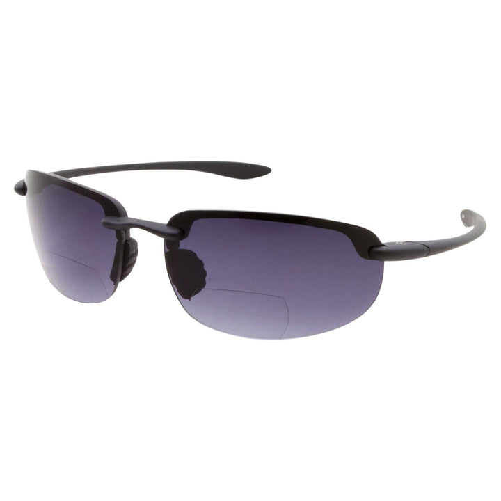 grinderPUNCH Mens Rimless Bifocal Reading Sunglasses Sports Wrap Reader Glasses, Black, +1.50