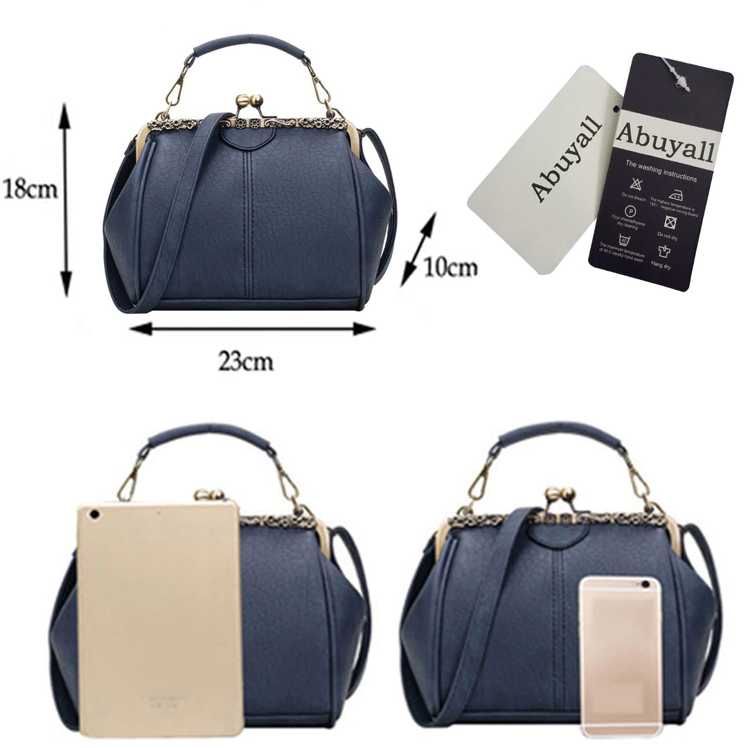Women Small Retro Kiss Lock Pu Leather Vintage Purses and Handbags Tote Bags Navyblue