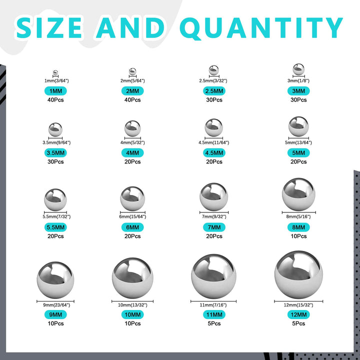 330Pcs 16Sizes Precision Bearing Steel Ball Assortment Kit Including Sizes 1MM 2MM 2.5MM 3MM 3.5MM 4MM 4.5MM 5MM 5.5MM 6MM 7MM 8MM 9MM 10MM 11MM 12MM Metric
