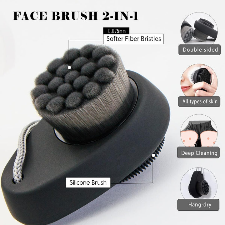 2 Pcs Facial Cleansing Brushes - Double Sided Face Scrubber for Deep Cleansing and Exfoliation, Soft Bristles Wash Brush and Silicone Exfoliating (Black)