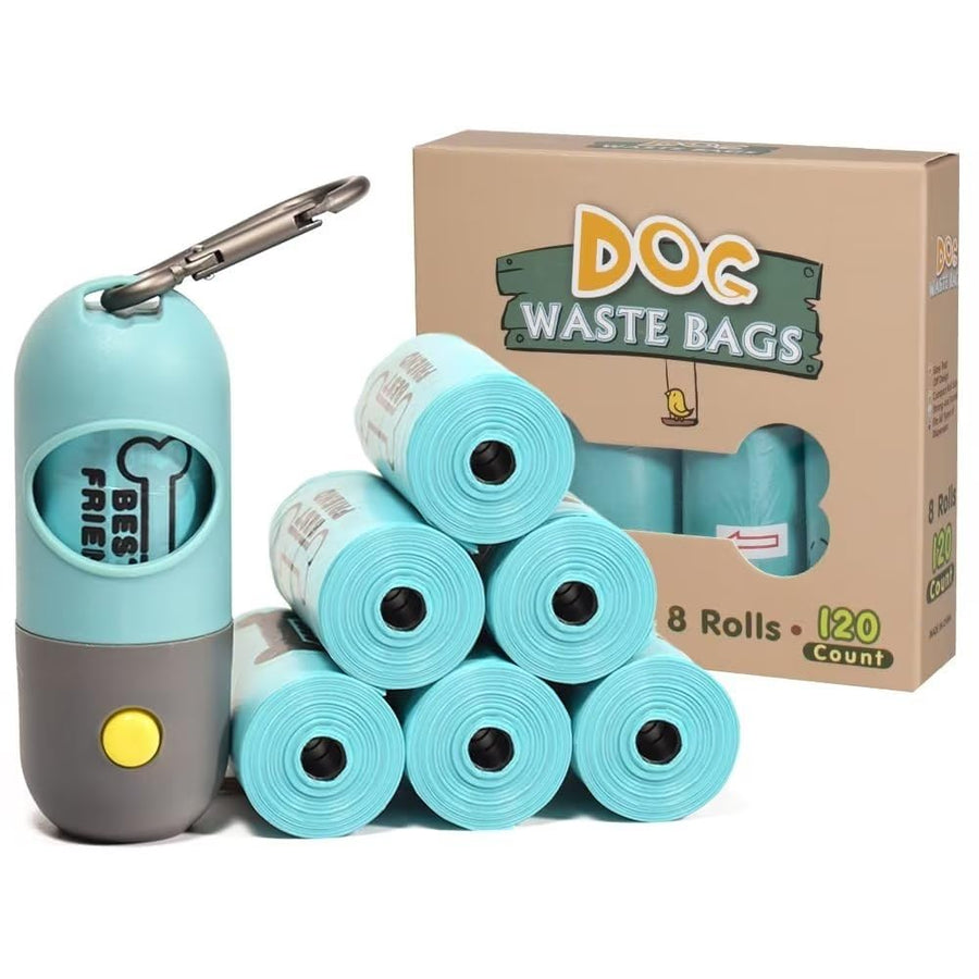 Dog Poop Bags, 8 Rolls Guaranteed Leak-Proof Doggie Poop Bags, Extra Thick Waste Bags, Lavender Scented, 120 Count, Includes Flashlight Bag Dispenser Holder
