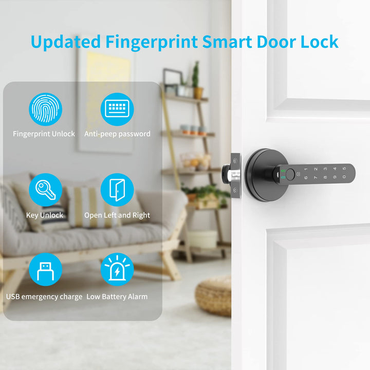 Fingerprint Door Lock with Keypads, Handle, Passwords, Fingerprint Door Knob Keyless Entry Door Lock for Home/Office/Bedroom/Apartment Black